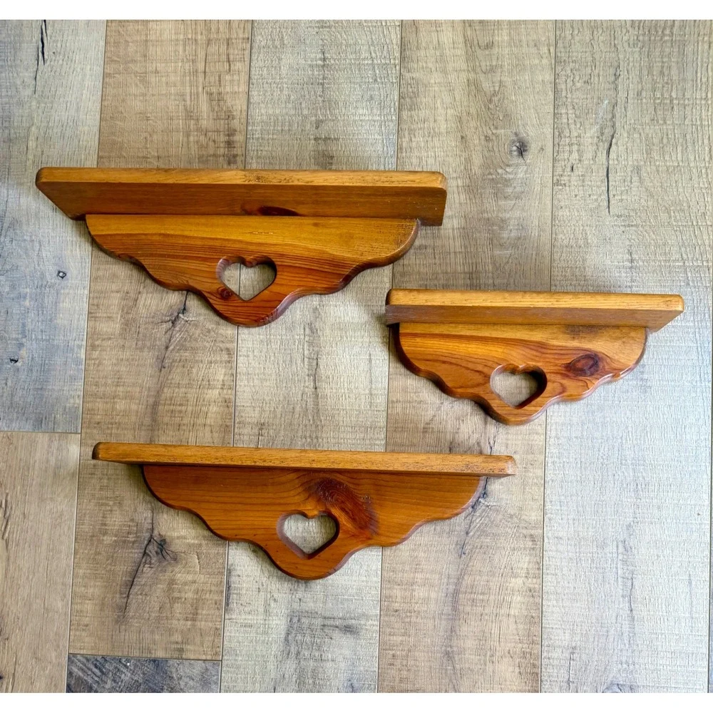 Vintage Solid Wood Heart Cutout Floating Wall Shelves Set of 3 Country Farmhouse